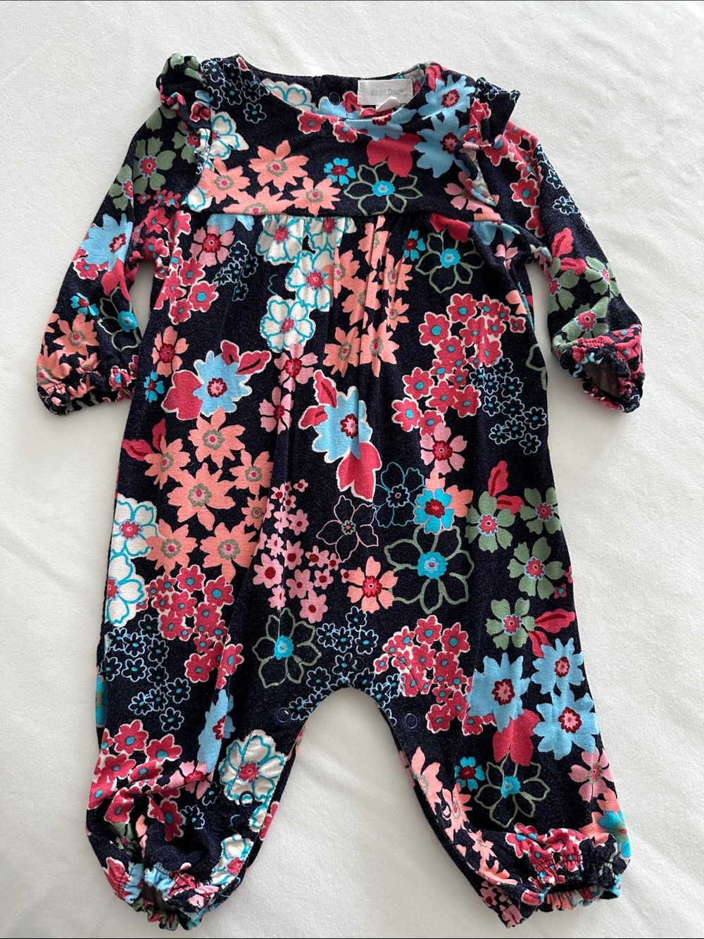 Angel Dear Navy Floral Long-Sleeve One-Piece Bodysuit with Pink & Blue Flowers